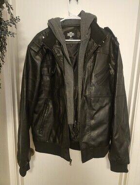 Hood Crew Mens Collection Black Faux Leather Bomber with Gray Hoodie Insert